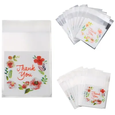 100pcs Plastic Bags Thank you Cookie Candy Bag Self-Adhesive For Wedding Birthday Party Gift Bag