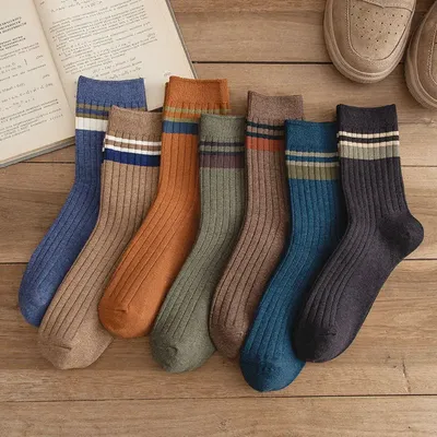 7 Pairs of Men's Striped Socks Fashionable Casual Socks High Quality Harajuku Retro Socks for Men Large Size Long Socks