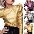 Pink Golden Silver Puff Long Sleeve Blouse Casual Female Spring O Neck Slim Punk Style Pullover Tops