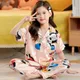 New Girls Spring Autumn Silk Satin Pajamas Set Kids Cartoon Button-Down Short sleev 2 Pieces