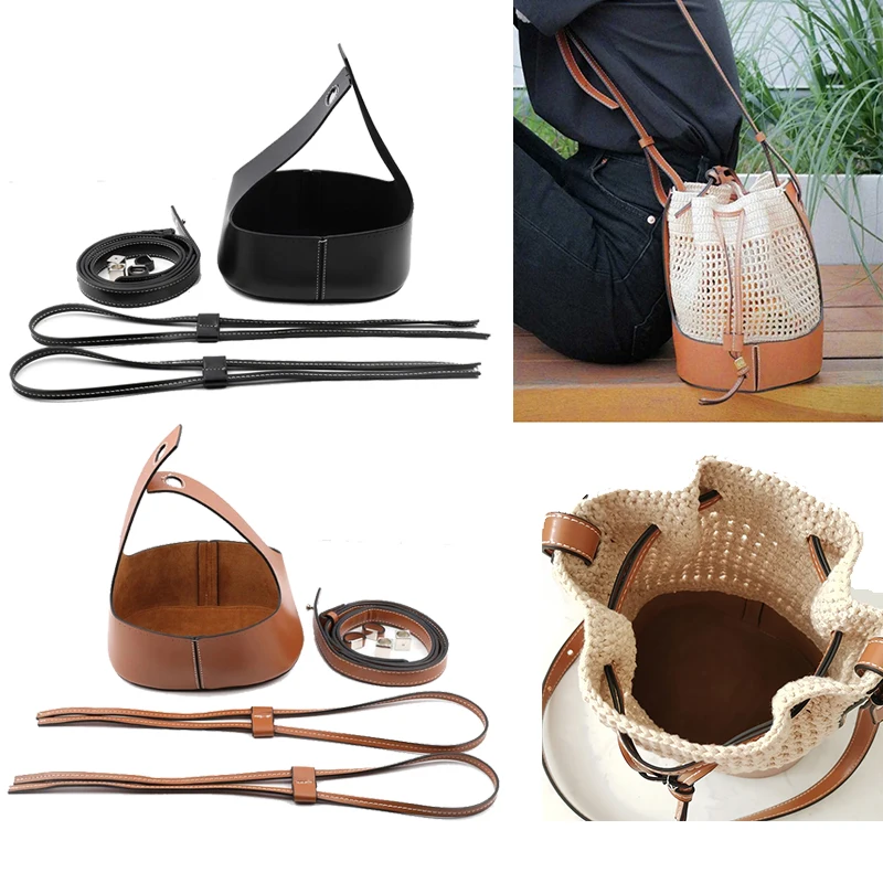 Handmade Handbag Shoulder Strap Woven Bag Set Hollow Drawstring Bucket Bags Leather DIY Backpack With Bag Bottom Belt 7Pcs Set