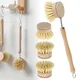 Wooden Kitchen Dish Brush Set Long Handle Pan Brush with 4 Replacement Brush Heads Natural Dish Pot