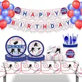 hockey theme Party Favor Paper plates Cups Banner balloon Birthday Sports hockey balloonn Cake