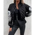 Contrast Sequin Angel Wings Pattern Quilted Puffer Jacket Women MA1 Casual Fashion Short Jacket