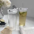 600ml Transparent Glass Cup With Lid and Straw Stripe Glasses Drinking Glasses Ice Coffee Mug Juice