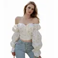 Fashion Women's Blouse Shirts Off The Shoulder Crop Top Long Sleeve Puff Sleeve