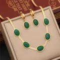 316L Stainless Steel Simple Flat Snake Chain Emerald Stone Pendant Bracelet Necklace Earring Set