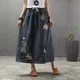 Cartoon Embroidery Denim Skirts Women Vintage Art Ripped Oversized Female Elastic High Waist Long