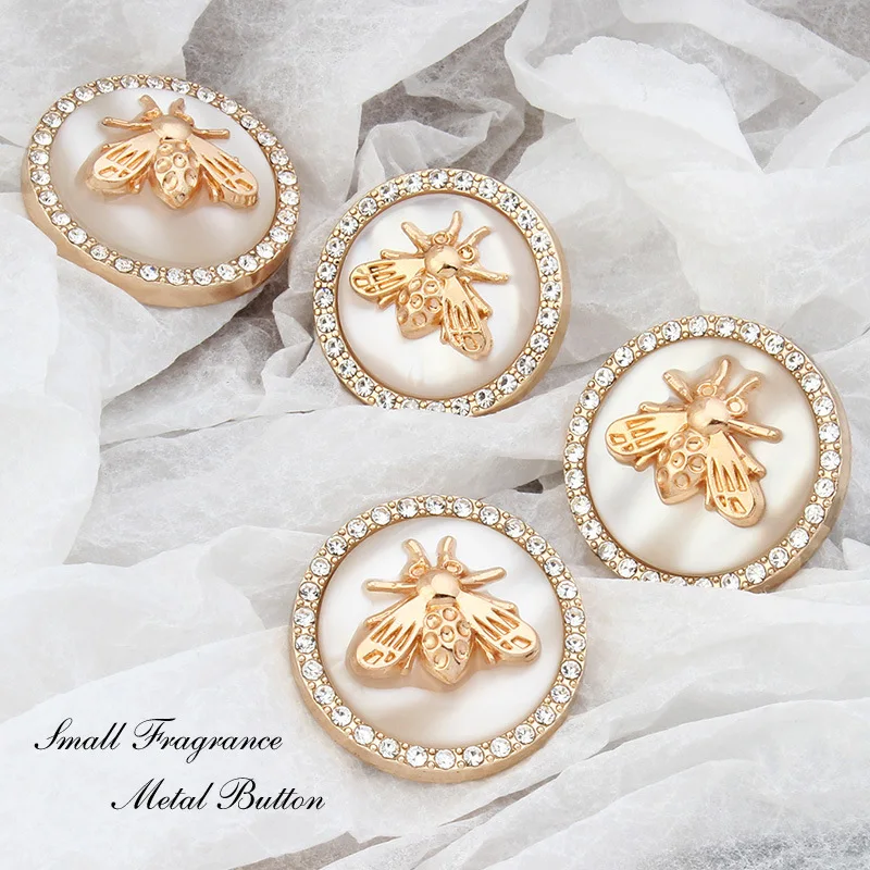 6PCS Metal buttons cashmere coat trench coat jacket small perfume style gold bee inlaid rhinestone light luxury decoration buckl