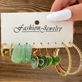 Vintage Gold Color Green Enamel Heart Resin Acrylic Hoop Earrings Set for Women Crystal Rhinestone