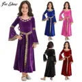 Kids Girls Soft Velvet Medieval Princess Dress Long Flare Sleeve Retro Patterned Band Dress Up