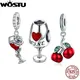 WOSTU Retro 925 Sterling Silver Rose Flower Charms Wine Cup Pendant Cherry Beads Fit Original