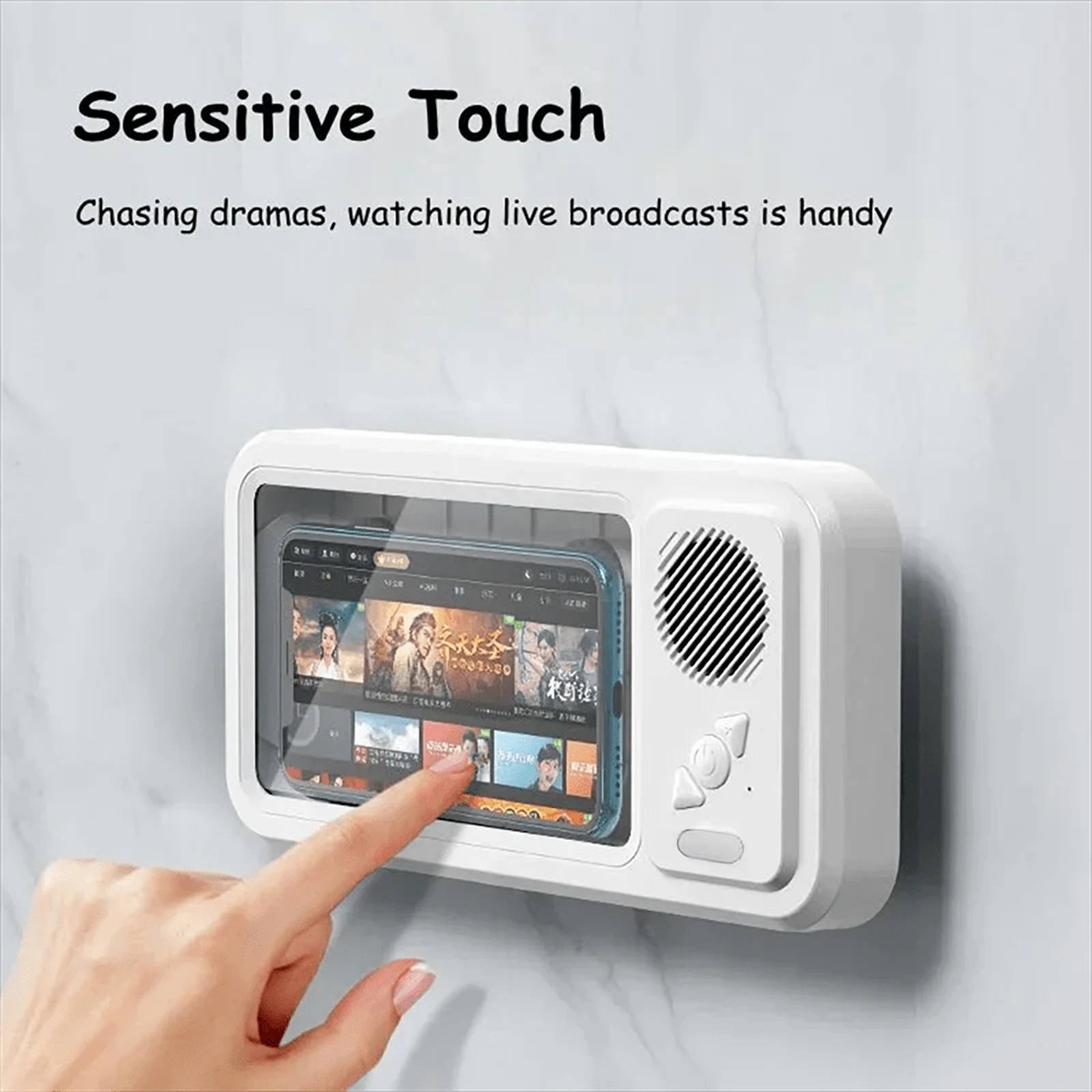 Supporto per telefono da doccia con altoparlante Bluetooth Supporto per telefono con montaggio a parete per touch screen antiappannamento impermeabile IPX4 per bagno doccia