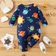 PatPat Baby Boy All Over Solar System Planets and Letter Print Dark Blue Long-sleeve Jumpsuit Soft