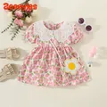 2 Pieces/Set Summer Baby Girl Lace Lapel Peach Blossom Chiffon Short Sleeve Knee-length Cool