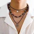 Small Wood Beads and Rope Chain with Stars/Tree Pendant Necklace Men Trendy Beaded Chain on Neck