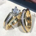 Huitan 2Pcs Bridal Set Ring Luxury Gold Color Geometric Shape Wedding Jewelry Women Micro Pave CZ