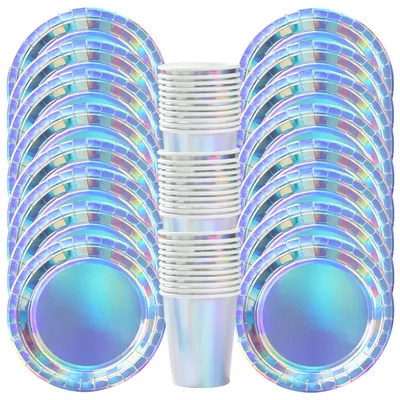 Laser Disposable Tableware Set Silver Paper Plates Cups Party Tableware Wedding Decoration Birthday