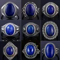 925 Sterling Silver Natural Big Oval Natural Lapis Lazuli Ring for Women Men Gift Vintage Large Ring