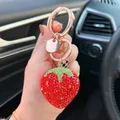Clay Rhinestone Strawberry Red Heart Keychain Keyring for Women Girl Jewelry Fruit Cute Car Key