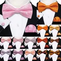 Barry.Wang Pink Orange Silk Mens Bow Tie Jacquard Paisley Floral Pre-Tied Bowtie Hanky Cufflinks Set