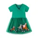 Jumping Meters 2-7T Horse Applique Princess Green Dresses Summer Short Sleeve Baby Girls Clothing