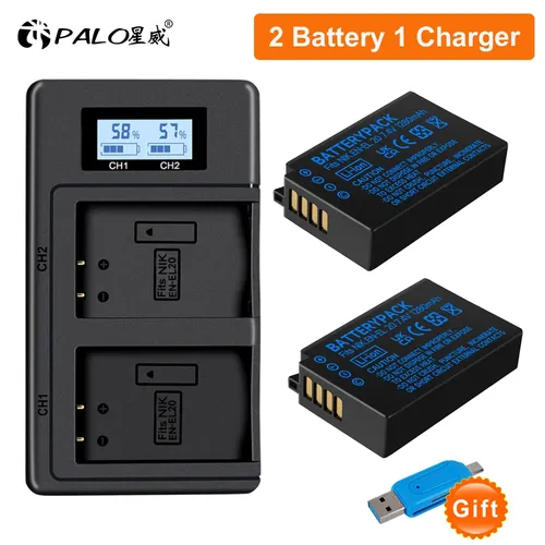 PALO EN-EL20 EN-EL20a batteria + LCD doppio caricatore USB per Nikon Coolpix P1000, 1 j1, 1 J2, 1 J3, 1 S1, 1 V3, Coolpix A, Coolpix A1
