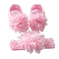 Cute Satin Cloth Flower Princess Shoes + Headband Set - Soft Sole Toddler Walking Shoes for Baby