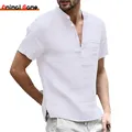 Summer Cotton Linen Casual T-Shirts Casual Male Short Sleeve V-Collar Breathable Men's Tee Button-up