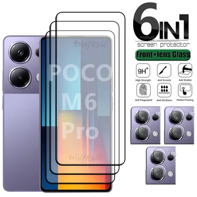 6-in-1 For Poco M6 Pro Glass Xiaomi Poco M6 Pro Tempered Glass Full Glue Cover 9H HD Screen Protector Poco M 6 M6 Pro Lens Glass