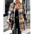 Women's Jacket 2023 Autumn Fashion Plaid Button Design Casual Standing Collar Long Sleeved Daily