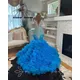 Blue Beaded Crystal Long Prom Dress For Black Girls 2023 Sparkly Sequined Birthday Party Dresses