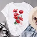 Women Flower 90s Lovely Cute Clothes Print Tops Fashion Lady Short Sleeve Tees Female Regular Summer