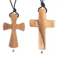 Hand-carved Tapered Wood Cross-shape Necklace Long Leather Rope Adjustable Olive Wood Pendant for