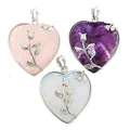 KFT Love Heart Stone Pendant Natural Healing Crystal Rose Quartz Wrapped Flower Lapis Lazuli Opal