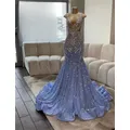 Blue African American Prom Dresses Mermaid V-neck Sequins Sparkle Black Girls Nigeria Robe De Soiree