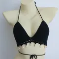 New White Women's Bikini Top Handmade Black Crochet Shell Tassel Bikini Sunbathing Beach Spa Khaki