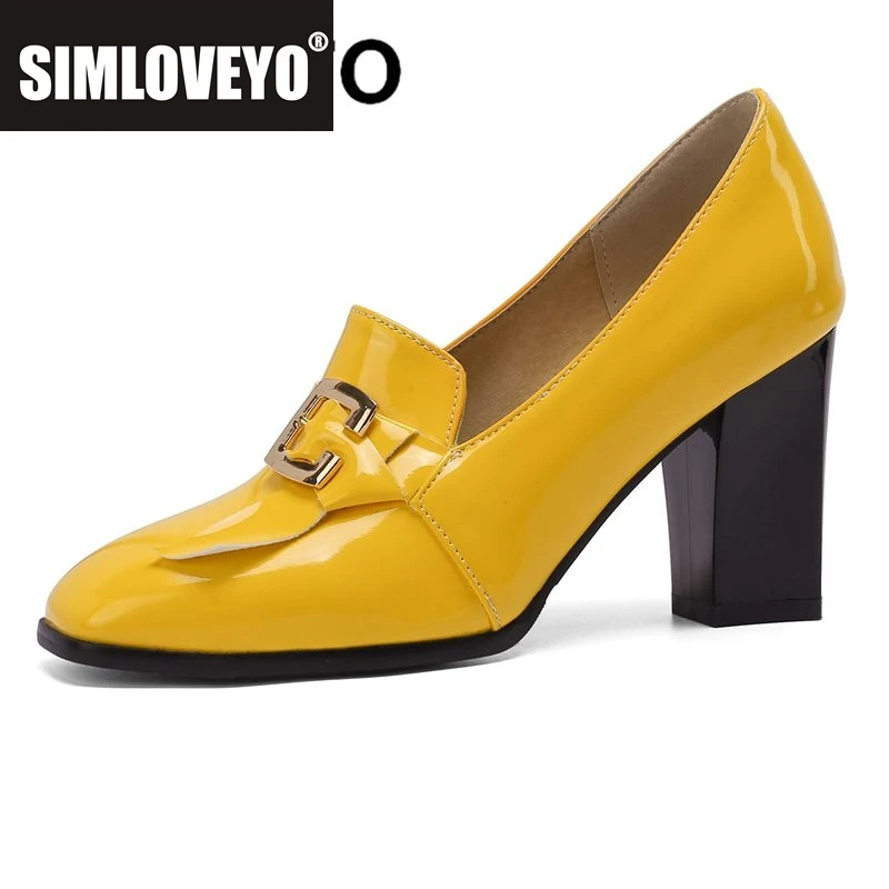 SIMLOVEYO 2022 Women Pumps Square Toe Block Heel Slip-on Shallow Metal Decoration Large Size 32-50 Office Lady Black Green S3957