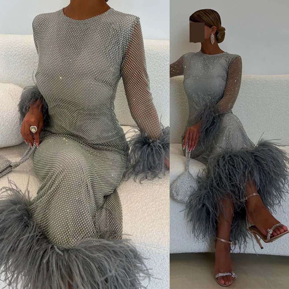 Customized Round Neck Evening Party Dresses Long Sleeve Feathers Exquisite Sheath Prom Gown Feather Mesh High Quality Dress