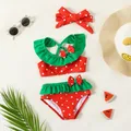 PatPat 3pcs Baby Girl Polka Dots Bow Decor Colorblock Ruffle Two-piece Swimsuit & Headband Set Soft