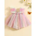 Baby Girl Fairy Rompers Dress with Butterfly Wing Fly Sleeve and Rainbow Color Tulle Skirt Hem