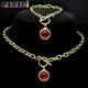 2PCS Goth Red Stone Vintage OT Buckle Necklace Bracelets Sets Stainless Steel Gold Color Round