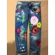 Denim Floral Casual Jeans Denim Painted Flowers Hippie Straight Leg Pants Button Zipper Distressed