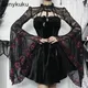 Women Gothic Style Red Floral Lace Cover Up Cropped Top Shawl Bolero Round Neck Bell Sleeve Long