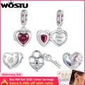 WOSTU 925 Sterling Silver Valentine Gift Openable Red Heart Charms Love Pendant Key Bead Fit