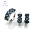 Natural london blue topaz gemstone jewelry set simple classic rings and earrings 925 sterling sliver