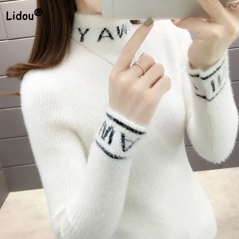 Autumn Winter Fashion Letter Spliced Solid Color Sweaters Women's Clothing All-match Slim Turtleneck Knitted Pullovers Female