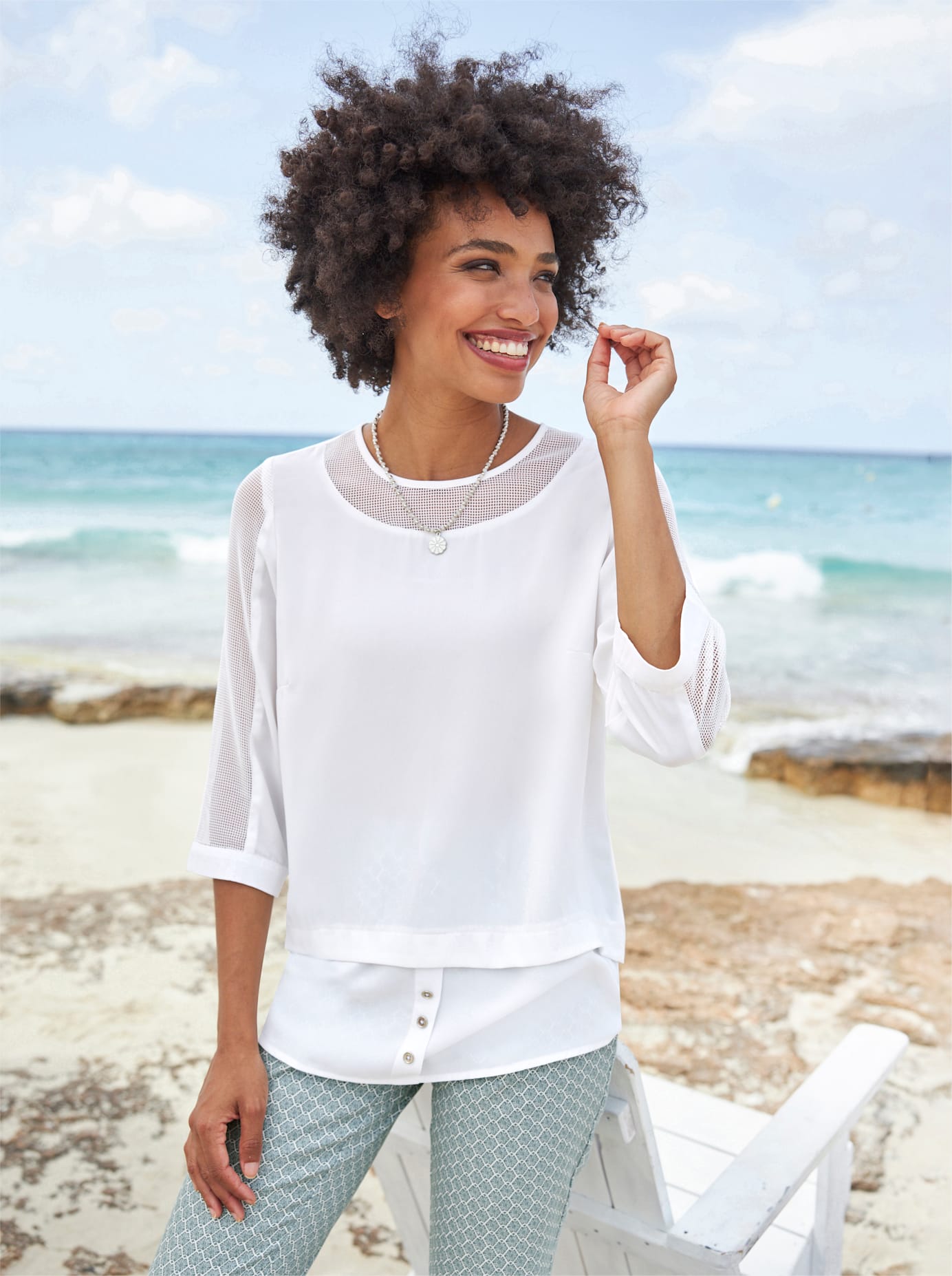 Crepebluse HEINE, Damen, Gr. 44, weiß, 100% Polyester, Besatz:100% Polyester, unifarben, Rundhals, Blusen