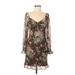 Sim & Sam Casual Dress - Sheath V-Neck Long sleeves: Brown Floral Dresses - Women's Size Medium