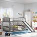 Twin over Twin Size Bunk Bed with Slide, Solid Wood Low Bunk Bed Frame with Fence and Ladder for Toddler Kids Teens, Grey